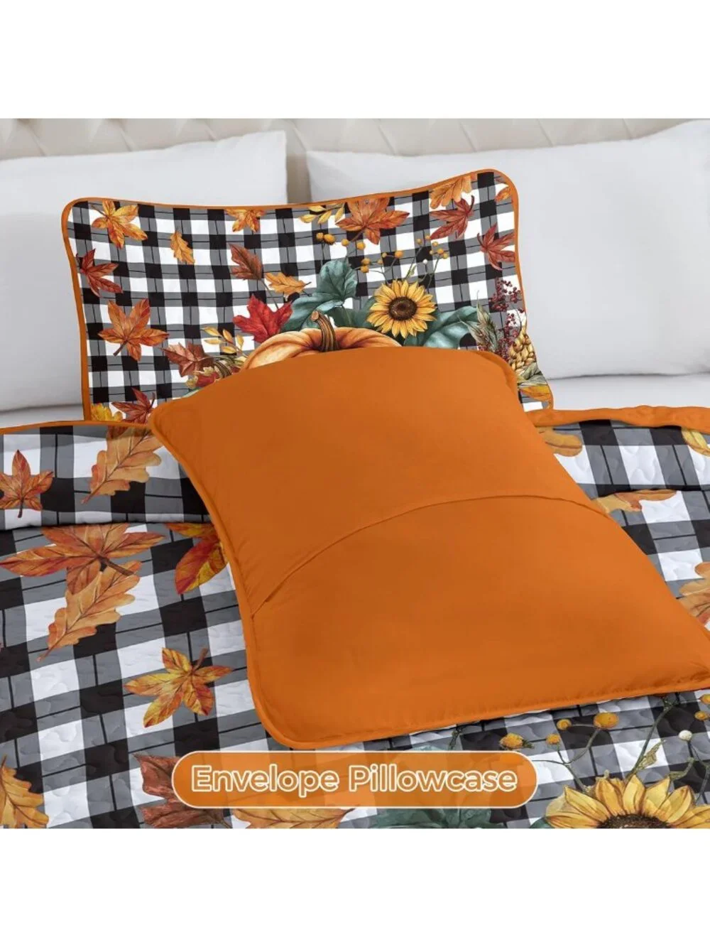 Cozy Fall Pumpkin Quilt Set Queen | Thanksgiving Bedspread for Autumn Decor